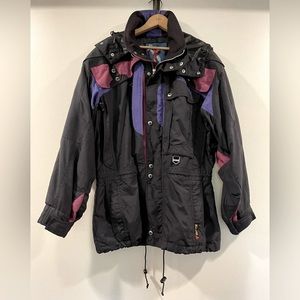 VINTAGE Hard Corps SOLO Ski Jacket Men Sz 40 Black Purple Hidden Hood Retro